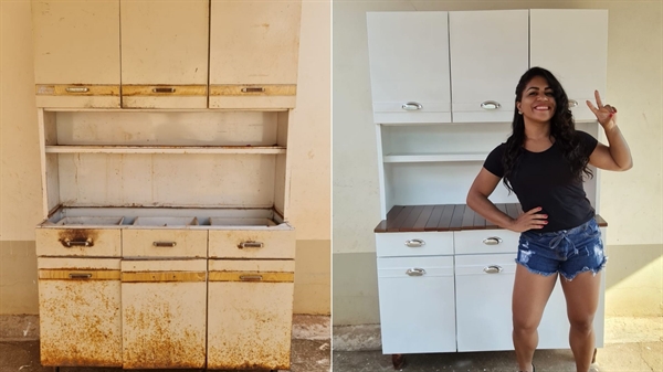 A artista possui vídeos com mais de um milhão de visualizações e segundo ela, o sucesso teve início após a reforma deste armário da foto (Fotos: Arquivo pessoal)