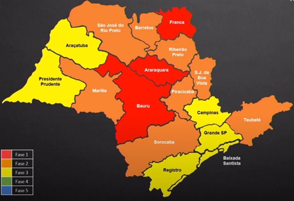 Votuporanga e os 99 municípios que fazem parte da região DRS-XV continuam na fase dois, a laranja do Plano São Paulo (Foto: Reprodução/Governo de SP)