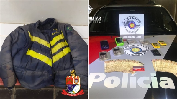 Policiais prenderam a dupla de estelionatários em flagrante com máquinas de cartão e R$3,1 mil em dinheiro (Fotos: Divulgação/PM)