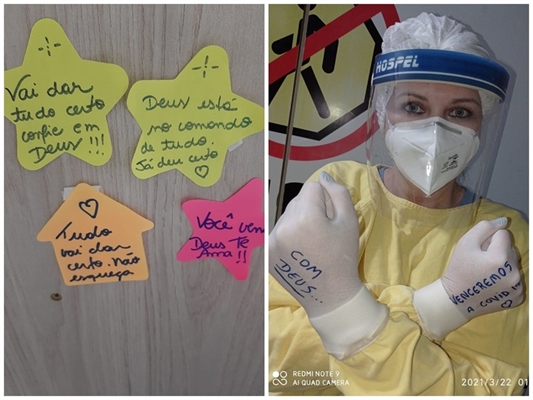 Enfermeira escreve bilhetes para pacientes internados com Covid-19 no Hospital de Base de Rio Preto (Foto: Arquivo pessoal)