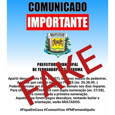 Usaram a marca da prefeitura para anunciar um rodizio de pedestres em Fernandópolis a partir desta quinta-feira (Foto: Reprodução/Cidadão.Net)