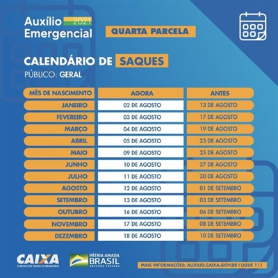 Calendário com as datas dos saques da quarta parcela do auxílio emergencial (Foto: Divulgação/ Caixa)
