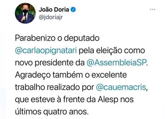 Doria (PSDB) parabenizou o deputado Carlão Pignatari (PSDB), em sua página pessoal, pela eleição para presidência da Alesp (Foto: Reprodução/Redes sociais)
