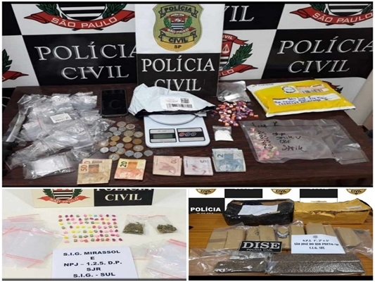 Os policiais apreenderam diversos entorpecentes, dinheiro e material usado no preparo das drogas (Foto: Divulgação/Polícia )