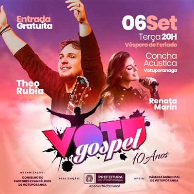 O evento começa às 20h e terá como atrações os cantores de música gospel Renata Marin e Théo Rubia (Foto: Divulgação)