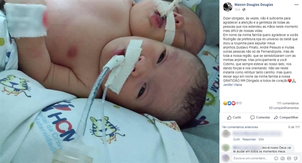Pai das gêmeas fez uma postagem no Facebook agradecendo o apoio que recebeu das pessoas — Foto: Reprodução/Facebook