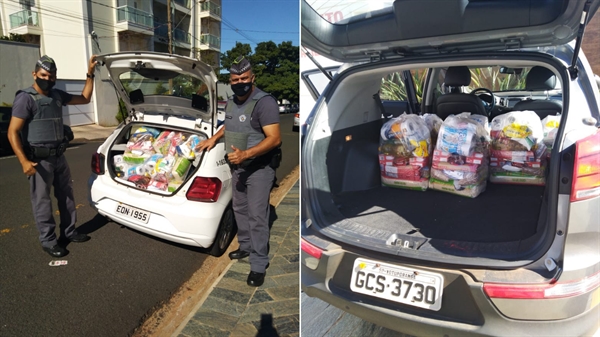 Dois agentes da Polícia Militar de Votuporanga entregaram 15 cestas básicas da campanha 'Votu Solidária' na manhã de ontem (Foto: Divulgação/Polícia Militar)