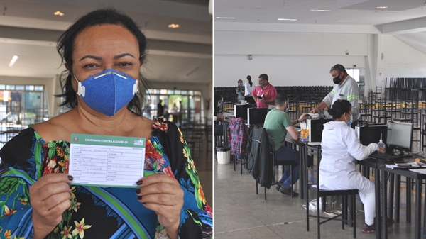 Dona Joana Maria Tomaz não precisou esperar um minuto sequer para ser vacinada no posto volante montado no clube Assary (Fotos: A Cidade)