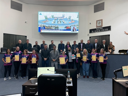 O time de vôlei master feminino da Secretaria Municipal de Esportes e Lazer foi homenageado na Câmara (Foto: Câmara de Votuporanga)