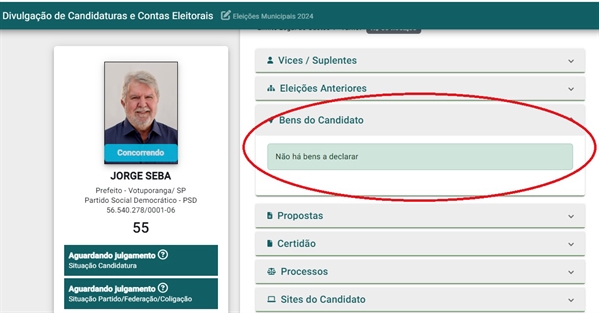 Um leitor questionou o motivo da declaração de bens de Jorge Seba ainda não aparecer no site do TSE; segundo a assessoria do candidato, trata-se de um problema técnico  (Foto: Reprodução)