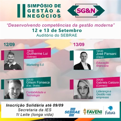 Com o tema “Desenvolvendo competências da gestão moderna”, o encontro será realizado no auditório do Sebrae, que é parceiro da instituição de ensino nesta iniciativa
