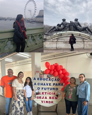 Letícia Monteiro da Silva esteve em Londres e visitou alguns pontos turísticos,  A comunidade escolar da EE Enny Tereza Longo Fracaro recebeu Letícia após o intercâmbio (Fotos: Arquivo pessoal)