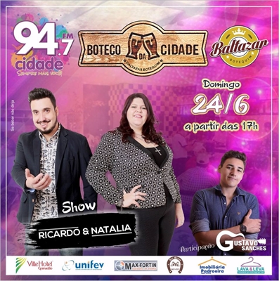 Boteco da Cidade acontece neste domingo com a dupla Ricardo e Natalia e o cantor Gustavo Sanches 