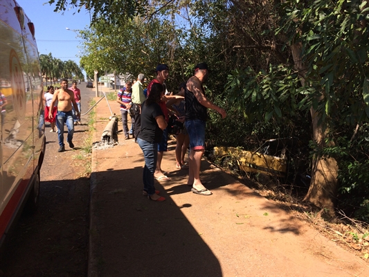 O jovem perdeu o controle da direção, derrubou o poste da rua e a cerca, caindo dentro de uma mata localizada às margens da via Foto: Aline Ruiz/A Cidade 
