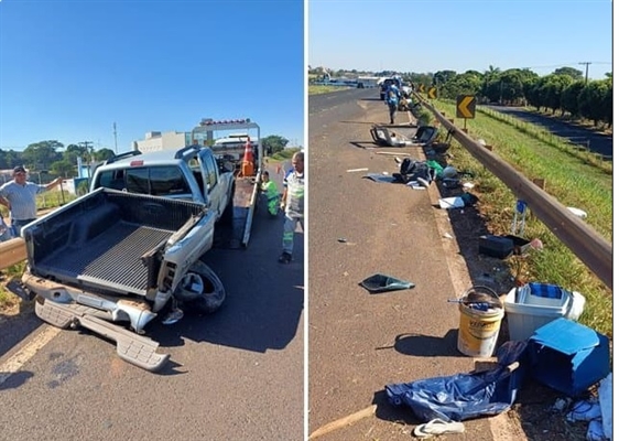 Caminhonete ficou completamente destruída e materiais de pesca espalhados pela pista, mas os pescadores saíram ilesos (Foto: Região Noroeste)