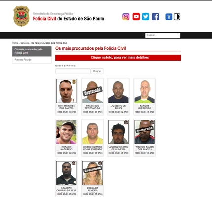 A Polícia Civil de São Paulo mantém em seu site uma lista com fotos e nomes dos mais procurados no estado (Foto: Reprodução/Polícia Civil)