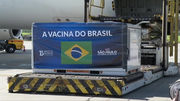 Lote com mais 2 milhões de doses da vacina CoronaVac chegam a SP — (Foto: Reprodução/TV Globo)