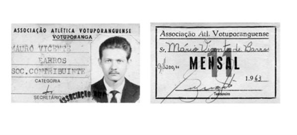 Mauro Barbeiro - O esportista- 1963 - Este é o ano da  carteirinha de sócio da Votuporanguense do Mauro Vicente Barros, o conhecido Mário, barbeiro que tem o seu salão na rua Goiás. O recibo mostra a quitação do mês 11 (novembro)  de 1963, como sócio da Associação Atlética Votuporanguense. A categoria era sócio contribuinte. Um documento histórico que atesta a fidelidade do barbeiro Mauro com a gloriosa Alvinegra do Estádio “Plínio Marim”.