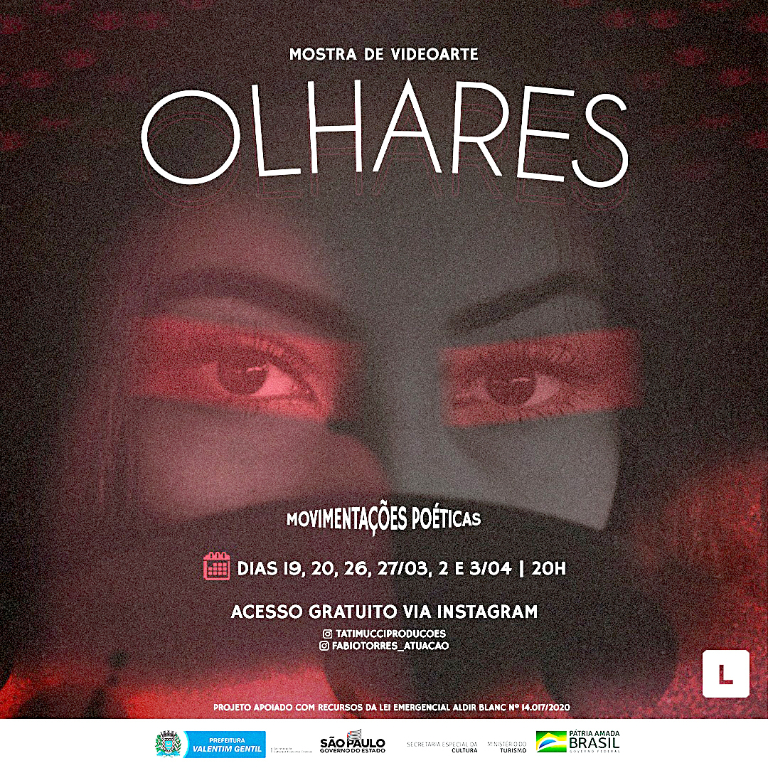 Tem arte chegando nas redes sociais! 
“OLHARES” é um projeto que conecta poesia, audiovisual, performance e a fotografia. São seis “videoartes” que retratarão cenas de sentimentos, emoções e reflexão sobre a vida. O projeto foi idealizado pela produtora Tatiana Mucci, em parceria com os atores Fábio Torres, João Victor, Lenise Moretti e Kendruiks Rodrigues. O resultado é exibido em uma Exposição Fotográfica online em 3D, pelas lentes da fotógrafa Suellen Souza. 
Acesse pelo Instagram @tatimucciproducoes e @fabiotorres_atuação. 
Classificação livre e gratuito.
Projeto apoiado com recursos da Lei Aldir Blanc n° 14.017/2020 - Projeto aprovado 01/2021.
#leialdirblancvalentimgentil 
#transparencialeialdirblanc
