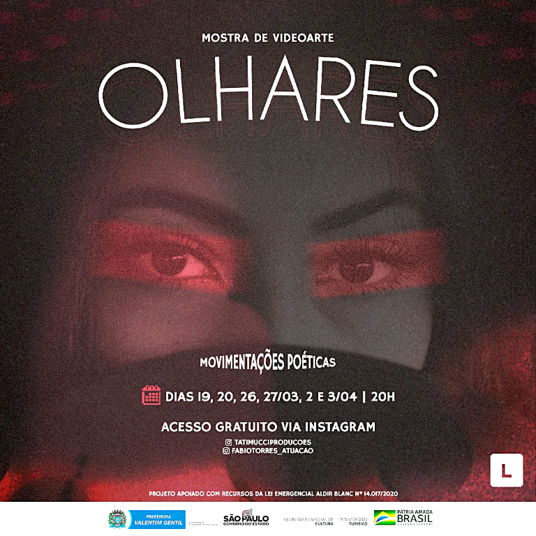 Tem arte chegando nas redes sociais! 
“OLHARES” é um projeto que conecta poesia, audiovisual, performance e a fotografia. São seis “videoartes” que retratarão cenas de sentimentos, emoções e reflexão sobre a vida. O projeto foi idealizado pela produtora Tatiana Mucci, em parceria com os atores Fábio Torres, João Victor, Lenise Moretti e Kendruiks Rodrigues. O resultado é exibido em uma Exposição Fotográfica online em 3D, pelas lentes da fotógrafa Suellen Souza. 
Acesse pelo Instagram @tatimucciproducoes e @fabiotorres_atuação. 
Classificação livre e gratuito.
Projeto apoiado com recursos da Lei Aldir Blanc n° 14.017/2020 - Projeto aprovado 01/2021.
#leialdirblancvalentimgentil 
#transparencialeialdirblanc
