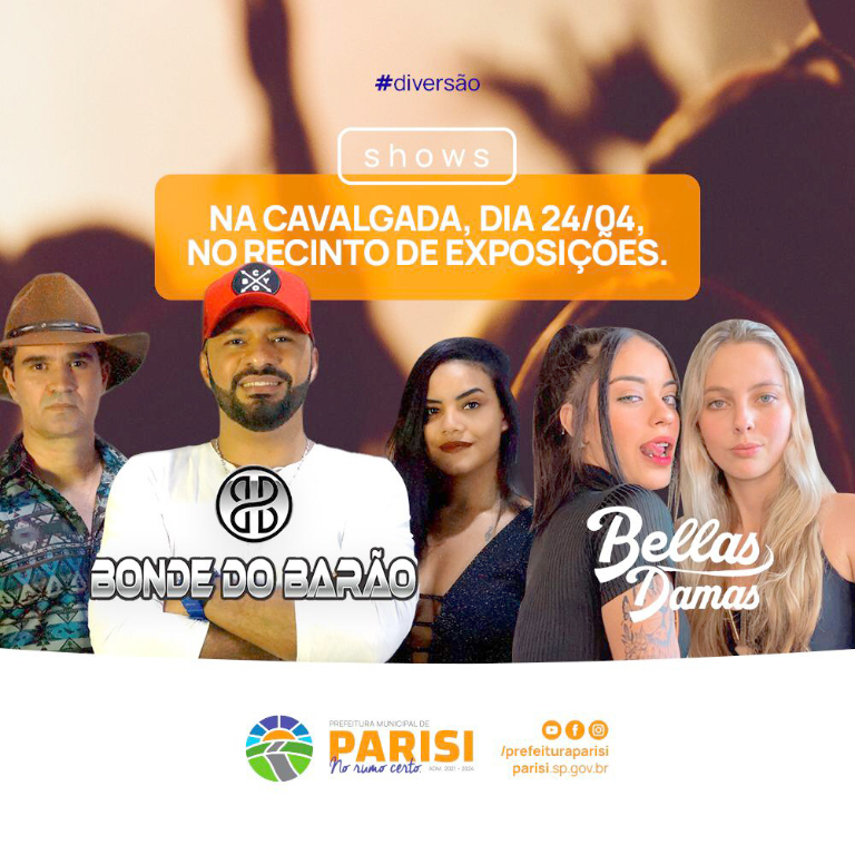 Preparados para a tradicional Cavalgada de Parisi? É amanhã, a partir das 9 horas com saída ao lado do Ginásio de Esportes e chegada no Recinto de Festas de Parisi com shows da Banda Bonde do Barão e da dupla Bellas Damas, muito sertanejo e musica eletrônica para animar o seu domingo. A locução fica por conta do locutor Nini Maravilha. Haverá venda de almoço de bebidas no local. Renda destinada ao fundo social de solidariedade. Você não pode perder! 