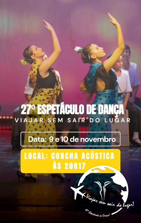 Prepare-se para uma noite mágica!
A Escola de Dança Almagêmea convida você para reapresentação do seu 27º espetáculo, "Viajar sem Sair do Lugar"!  É neste final de semana, dias 9 e 10 de novembro, às 20h17, na Concha Acústica. Embarque em uma jornada inesquecível pela dança e arte. Cada movimento e coreografia levará você a destinos imaginários, sem sair do lugar! Mergulhe em uma experiência de emoção e criatividade, celebrando a dança como linguagem universal. Não perca! Anote, neste sábado e domingo, dias 9 e 10, às 20h17 na Concha Acústica, reapresentação 27º espetáculo de Dança Almagêmea.
