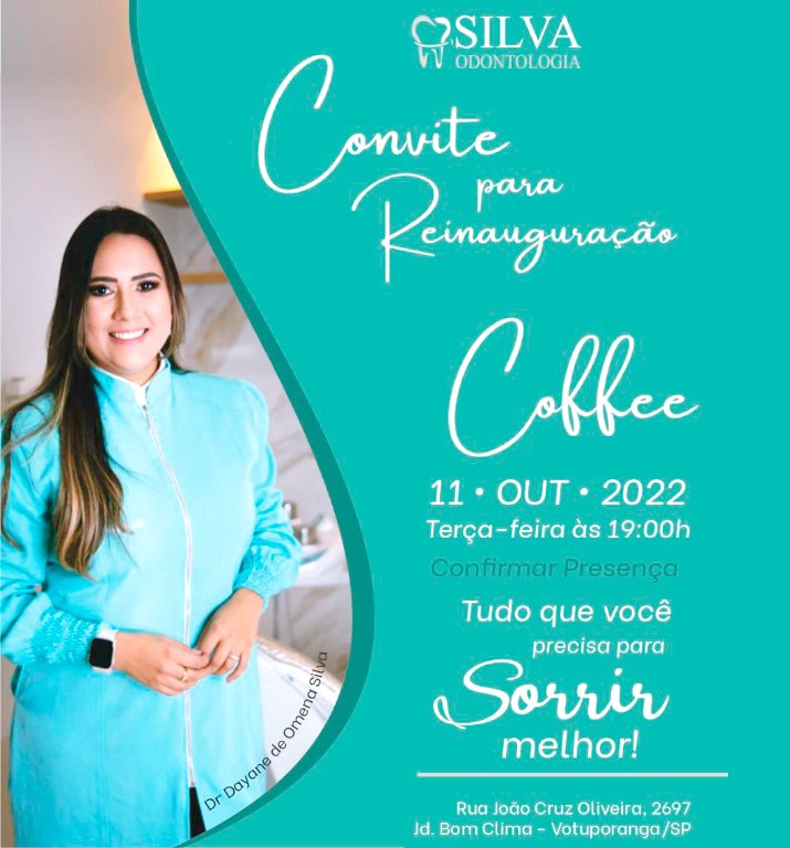 A dentista dra. Dayane Silva recepciona logo mais à noite amigos, familiares e convidados em um delicioso coquetel para marcar a reinauguração das novas e modernas instalações de seu consultório odontológico que foi todinho reformulado para oferecer sempre o melhor para seus pacientes. Dayane também tem muitas novidades em técnicas de tratamento odontológicos para deixar você com um sorriso ainda mais lindo e confiante