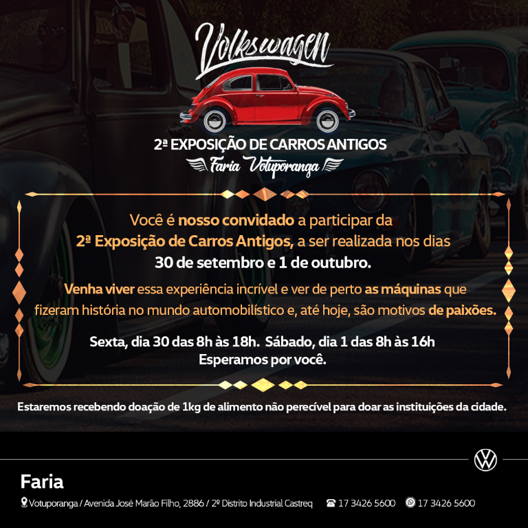 Começou hoje a exposição de carros antigos na Faria Veículos. Os carros estarão expostos hoje e amanhã e será uma grande oportunidade de você conhecer de perto as máquinas que fizeram história no mundo automobilístico e até hoje movem os corações dos apaixonados por carros