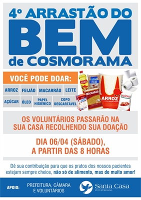 Os moradores poderão doar macarrão, arroz, feijão, leite, açúcar, óleo, papel higiênico e copo descartável (Foto:Santa Casa de Votuporanga)