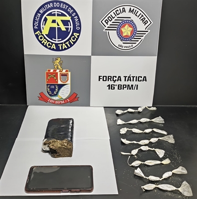 Foram localizados meio tijolo de maconha e 22 porções de cocaína, todas embaladas em saquinhos plásticos transparentes, o que caracterizou a finalidade comercial do entorpecente. (Foto: Divulgação)
