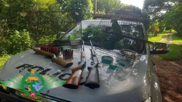 Na propriedade rural, os policiais ambientais encontraram armas de fogo irregulares e dois pássaros mantidos em cativeiro (Foto: Divulgação)