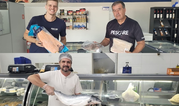 João e Matheus Carrasco, sócios da Pescare e Evandro Bassan, da Peixaria Votuporanga. A variedade de diferentes peixes que a população votuporanguense compra aumentou nos últimos anos. O salmão foi um que caiu nas graças nos votuporanguenses nos últimos tempos. Foto: A Cidade