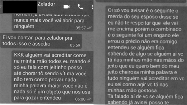 Prints de mensagens enviadas pelo zelador à faxineira comprovaram o assédio e as ameaças que ela sofria em seu ambiente de trabalho (Foto: Autos do processo)