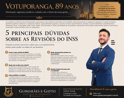 O advogado João Victor Gatto, da Guimarães e Gatto Sociedade de Advogados, apresenta informações importantes sobre um tema que ainda gera muitas dúvidas entre os segurados: as revisões do INSS    Foto: Divulgação
