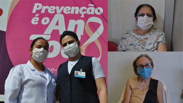 A técnica de radiologia, Lucilene Martins, e a enfermeira Juliane Cardoso fazem parte da equipe da carreta; Para Teresa Pupim, de 68 anos, e Maria de Fátima da Silva, de 63, é importante ‘aproveitar a oportunidade’ para se prevenir (Fotos: A Cidade)