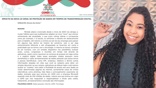 Giovana dos Santos, que cursa Direito na Unifev, teve seu resumo científico publicado nos anais do Congresso Internacional de Direito e Tecnologia (Fotos: Arquivo pessoal)