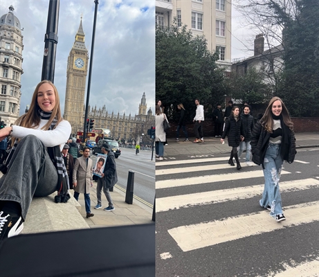 Maria Eduarda com Big Ben ao fundo e na Abbey Road (Foto: Arquivo Pessoal)