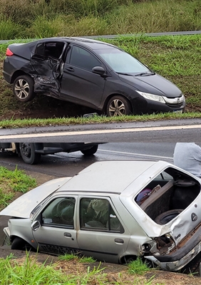 O Fiesta perdeu o controle e acabou parando na valeta lateral, enquanto o City ficou preso na depressão entre as pistas da rodovia   Foto: A Cidade