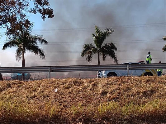 O Corpo de Bombeiros de Votuporanga foi acionado para conter as chamas na vegetação na rodovia Euclides da Cunha (Foto: A Cidade)