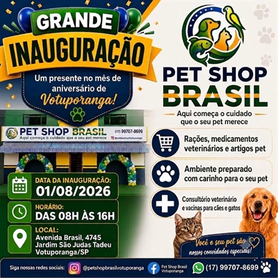 O Pet Shop Brasil será inaugurado das 8h às 16h, na Avenida Brasil, nº 4.745, no Jardim São Judas Tadeu   Foto: Divulgação