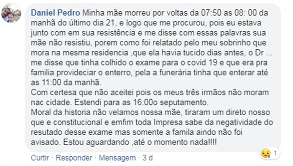Familiares ficaram revoltados e reclamaram da situação na internet (Foto: Reprodução/Facebook)