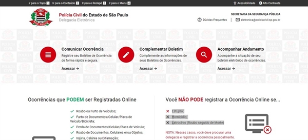 Site para registrar ocorrência de crimes no Estado de SP (Foto: Reprodução)