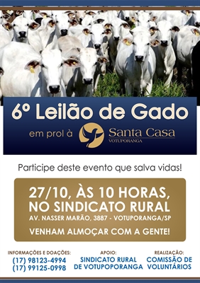 Leilão de gado em prol à Santa Casa é neste domingo (Foto: Santa Casa de Votuporanga)