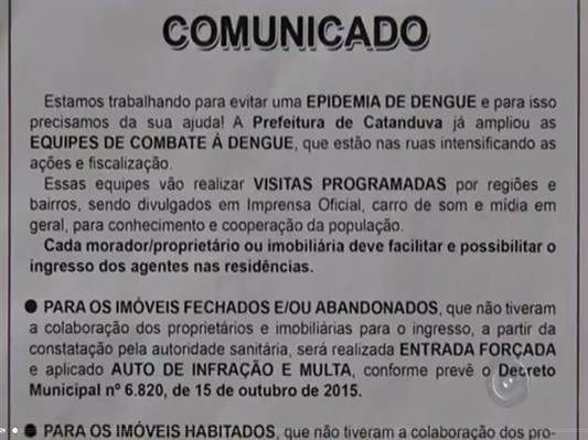 Decreto prevê punição para quem não combater dengue em Catanduva