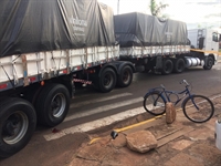 Bicicleta em que a menina estava com a mãe e a carreta envolvida no acidente (Foto: Arquivo Pessoal)